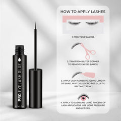Black eyelash glue bottle and wand beside how-to apply graphic