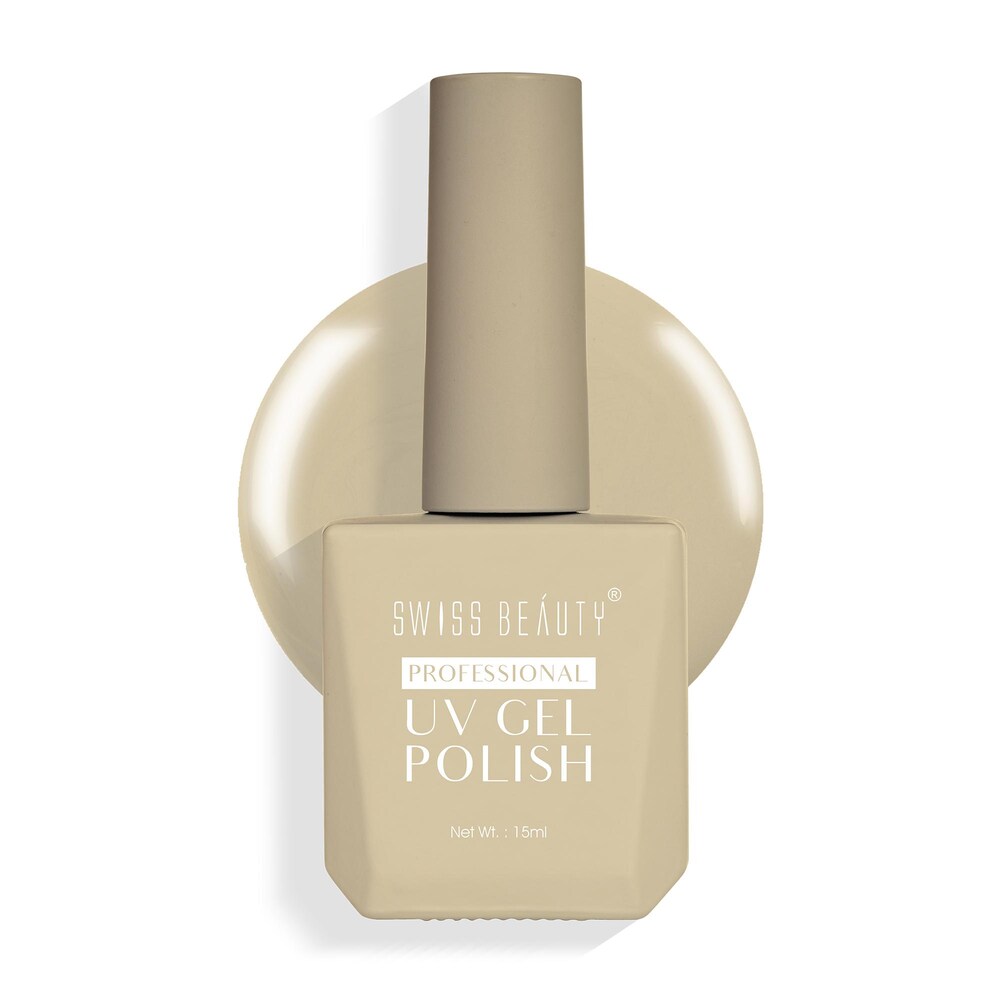 Beige UV gel polish bottle with silver cap, front label facing forward