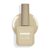 Beige UV gel polish bottle with silver cap, front label facing forward