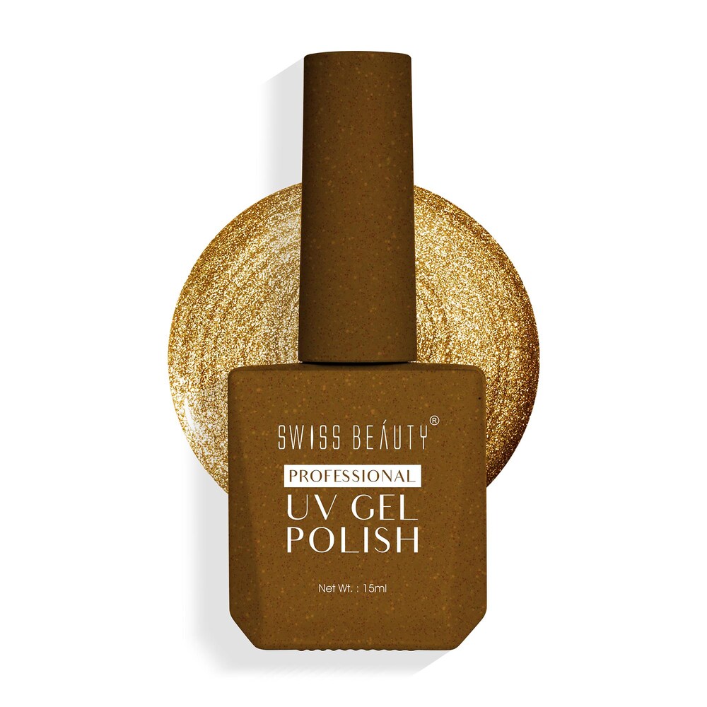 UV gel nail polish bottle with bronze-gold glitter shade