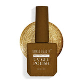 UV gel nail polish bottle with bronze-gold glitter shade