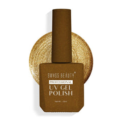 UV gel nail polish bottle with bronze-gold glitter shade