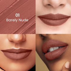Barely Nude satin lipstick swatch on lips, nude-brown finish