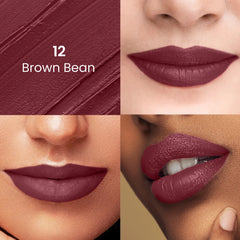 Satin Comfort lipstick shade 12 Brown Bean, with multiple lip swatch close-ups