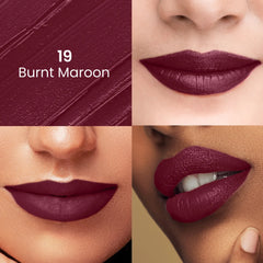 Burnt maroon lipstick on lips, shade 19