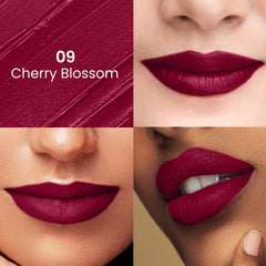 Lip swatches for Cherry Blossom 09 in deep burgundy-red satin finish on lips and partial cheek.