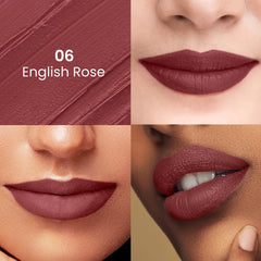 Dark rose lipstick swatches on lips showing shade 06 English Rose