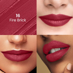 Brick-red Satin Comfort lipstick shade 16 Fire Brick, lip swatches on skin