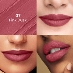 Pink Dusk lipstick shade swatch on lips, 07 Pink Dusk text