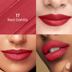 Red Dahlia lipstick shade 17 on lips, lip swatch close-ups