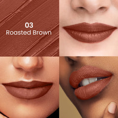 Roasted Brown lipstick shade 03 on lips, close-up swatches