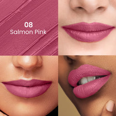 Salmon Pink shade 08 lipstick swatches and lips, satin finish
