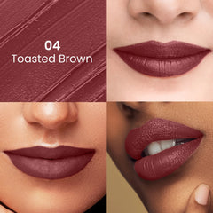 Toasted brown satin lipstick swatches on lips with creamy sheen