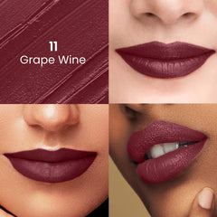 Lip swatches of wine grape lipstick shade 11 on lips in close-up views