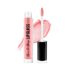 Pink lip gloss tube with clear applicator wand and glossy pink formula