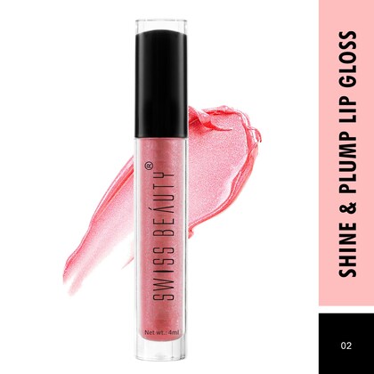 Pink lip gloss tube with black cap, clear barrel and printed label