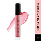 Pink lip gloss tube with black cap, clear barrel and printed label
