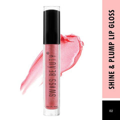 Pink lip gloss tube with black cap, clear barrel and printed label