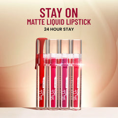 Set of matte liquid lipsticks in clear tubes, including doe-foot applicators and colored liquid.