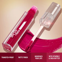 Matte liquid lipstick applicator with glossy cap, alongside a clear tube and pink-red liquid.