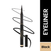 Black felt-tip eyeliner pen with cap and pointed tip, showing bold swatch lines