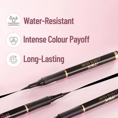 Black felt-tip eyeliner pen with winged line swatches, two pens displayed