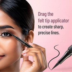 Black felt-tip eyeliner pen applying a precise line along a model’s eyelid