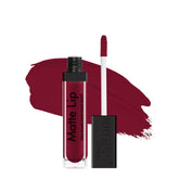 Matte lip liquid lipstick with applicator brush and mahogany red-brown swatch