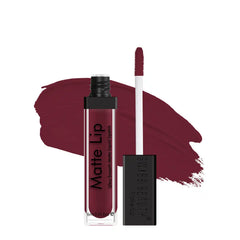 Matte lip liquid lipstick in rosewood; bottle with doe-foot applicator and swatch