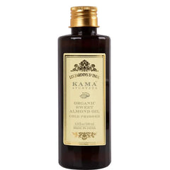 Sweet almond oil bottle with gold cap and front label, amber glass 200 ml