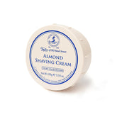 Almond shaving cream bowl, round cream container with blue label on lid