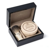 Sandalwood shaving brush and cream gift set in open lacquered wooden box