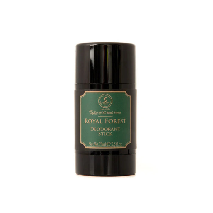 Deodorant stick, black cylindrical tube with Royal Forest label