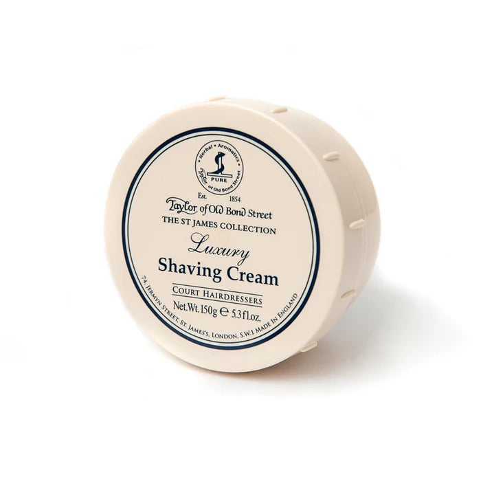 Shaving cream jar, beige, round lid with label; net wt 150g