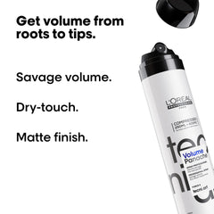 Hair volume styling spray bottle with white body and black cap, matte finish