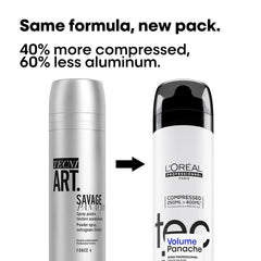 Hair volume spray bottle shown with alternate package, white body and black cap