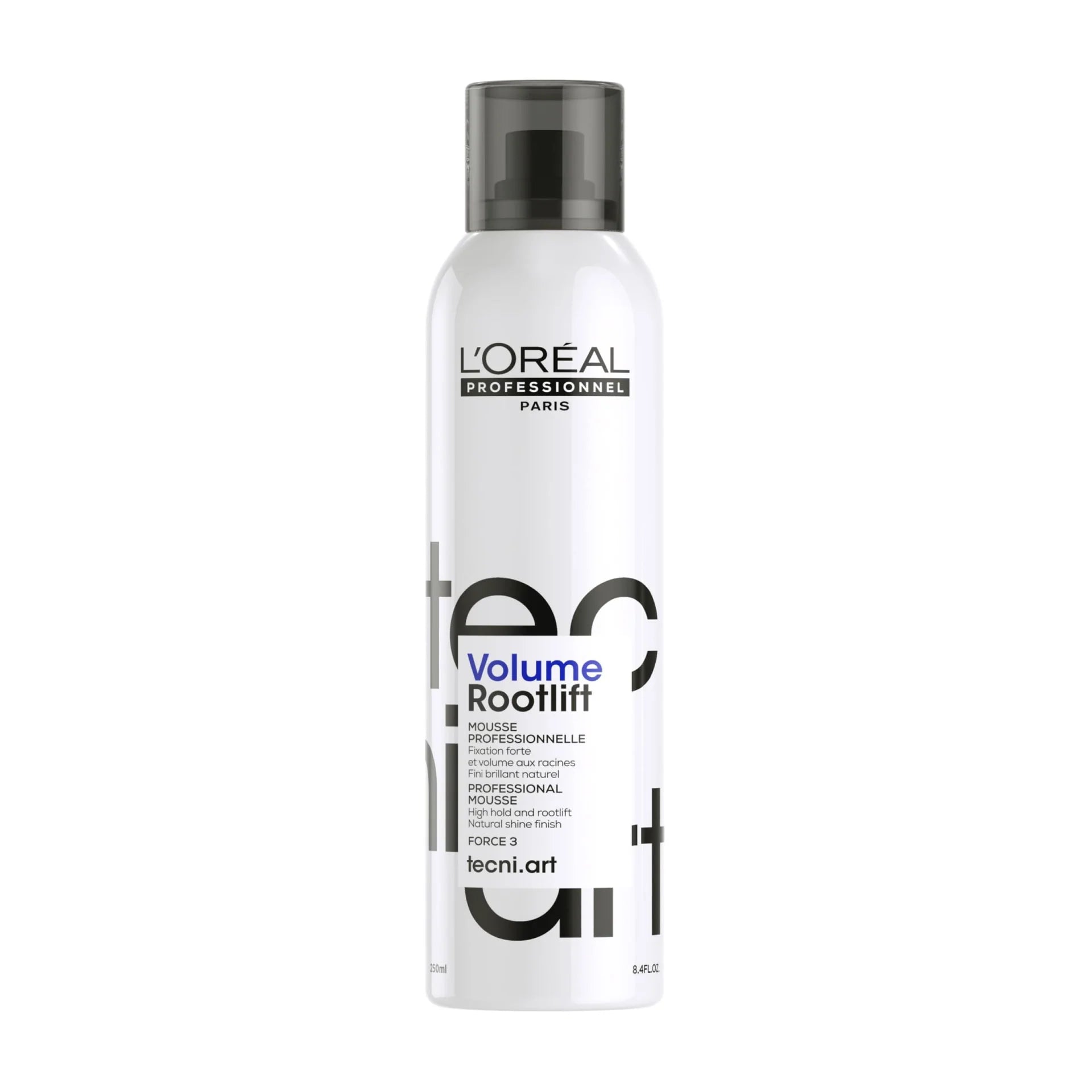 L'Oreal Tecni.Art Volume Rootlift mousse bottle, 250 ml, clear white bottle with black cap