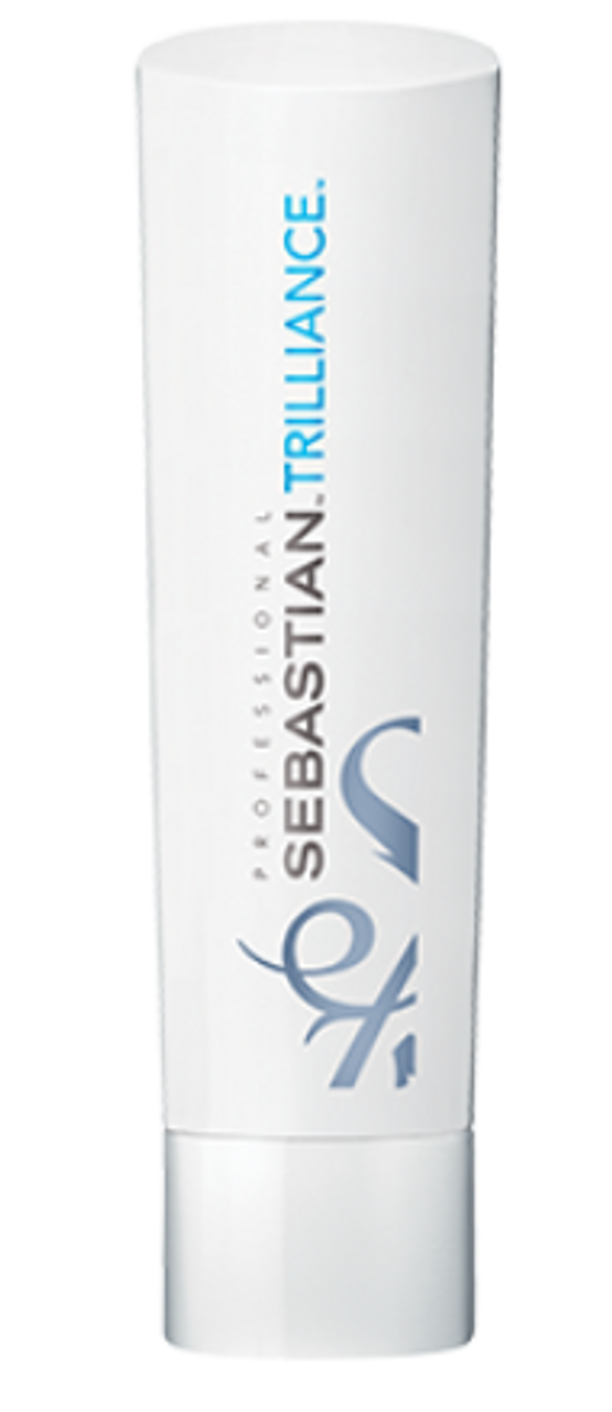 Sebastian Trilliance conditioner bottle, 250 ml, white cylindrical with blue logo