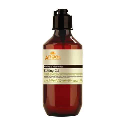Angel setting gel bottle with dark amber pump top and cream label