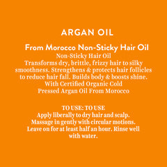 Non-sticky argan oil usage and benefits text panel