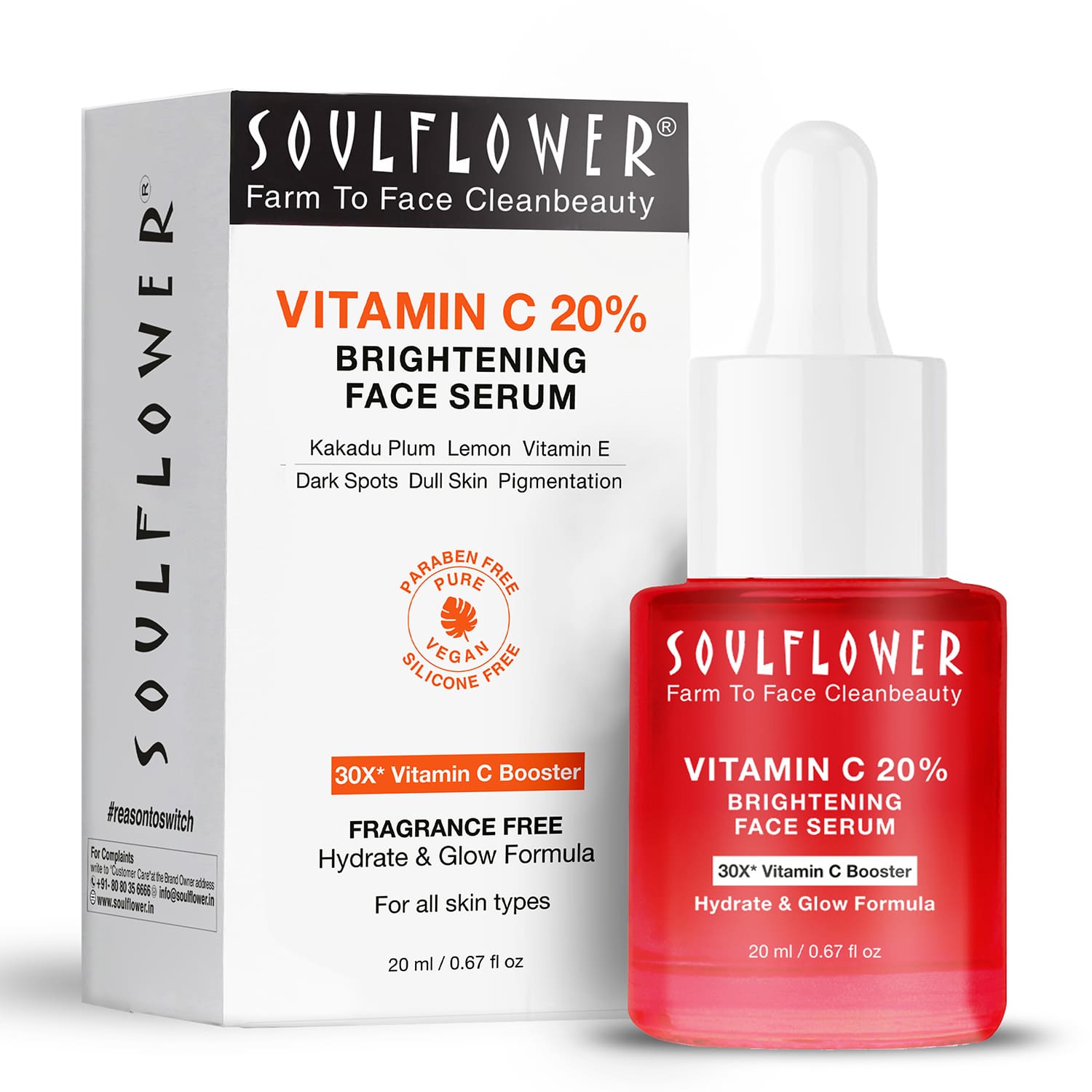 Vitamin C face serum with box packaging and red bottle, 20 ml