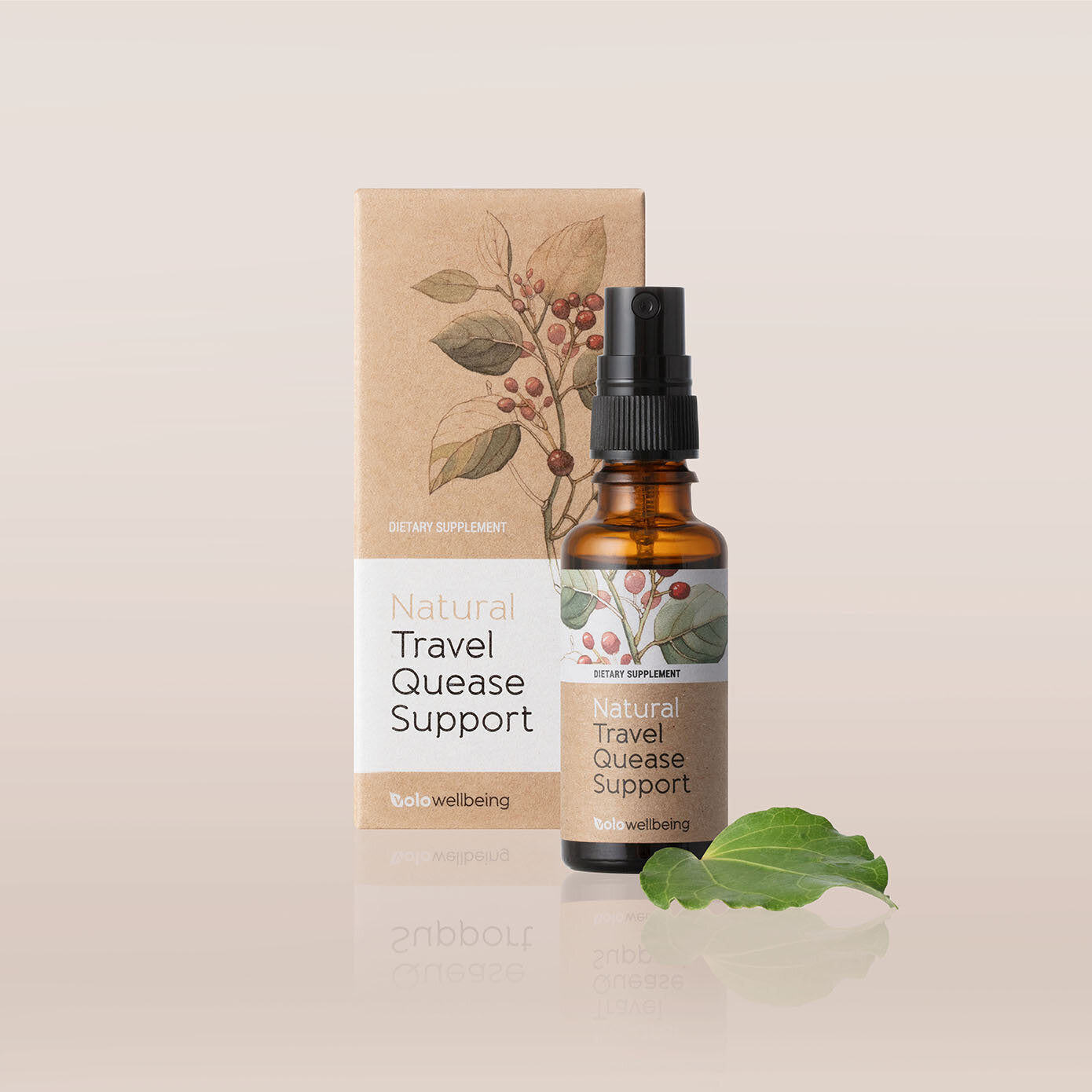 Travel quease support bottle with dropper and matching cardboard box