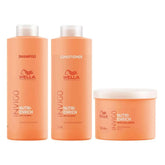 Hair care bundle bottles: Wella Invigo Nutri-Enrich shampoo, conditioner, and mask