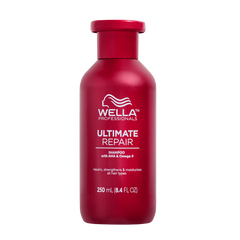 Red shampoo bottle with Wella Professionals Ultimate Repair label, 250 ml