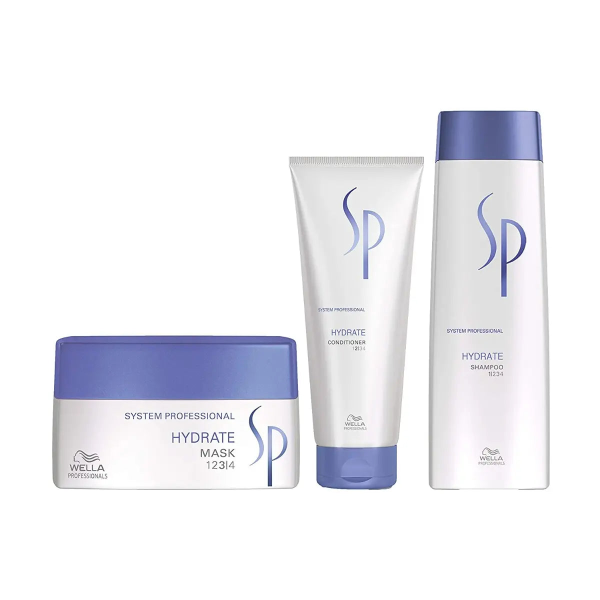Hydrate hair care set with shampoo bottle, conditioner tube, and hair mask jar, SP branding