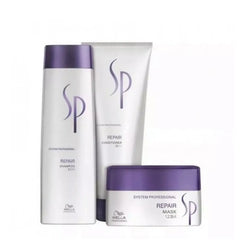 Wella SP Repair shampoo, conditioner, and mask set with purple-and-white containers