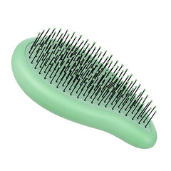 Mint green detangling hair brush with long pin prongs and curved cushion base