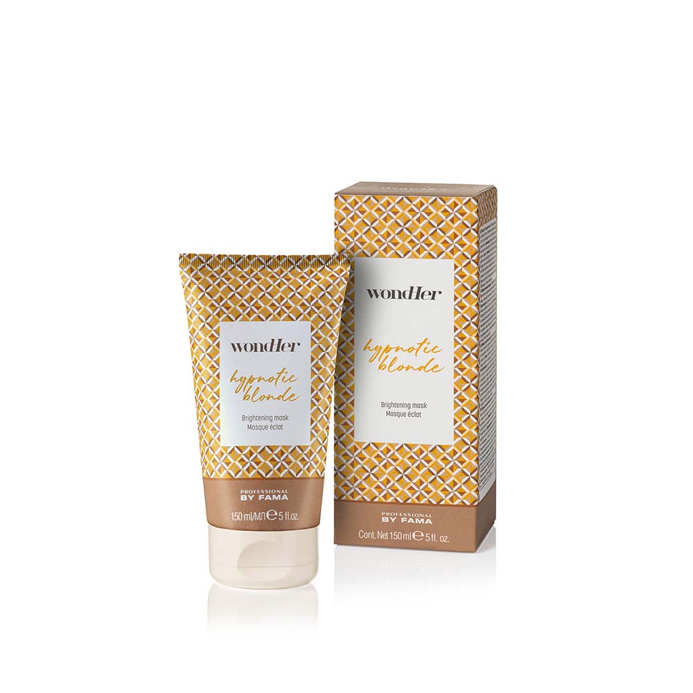 Hypnotic Blonde brightening mask tube and carton, gold lattice pattern, 150 ml