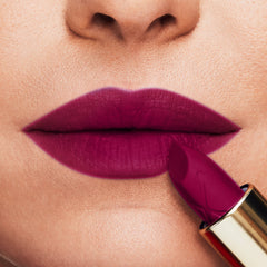 Mulberry berry lipstick on lips, full-coverage matte finish