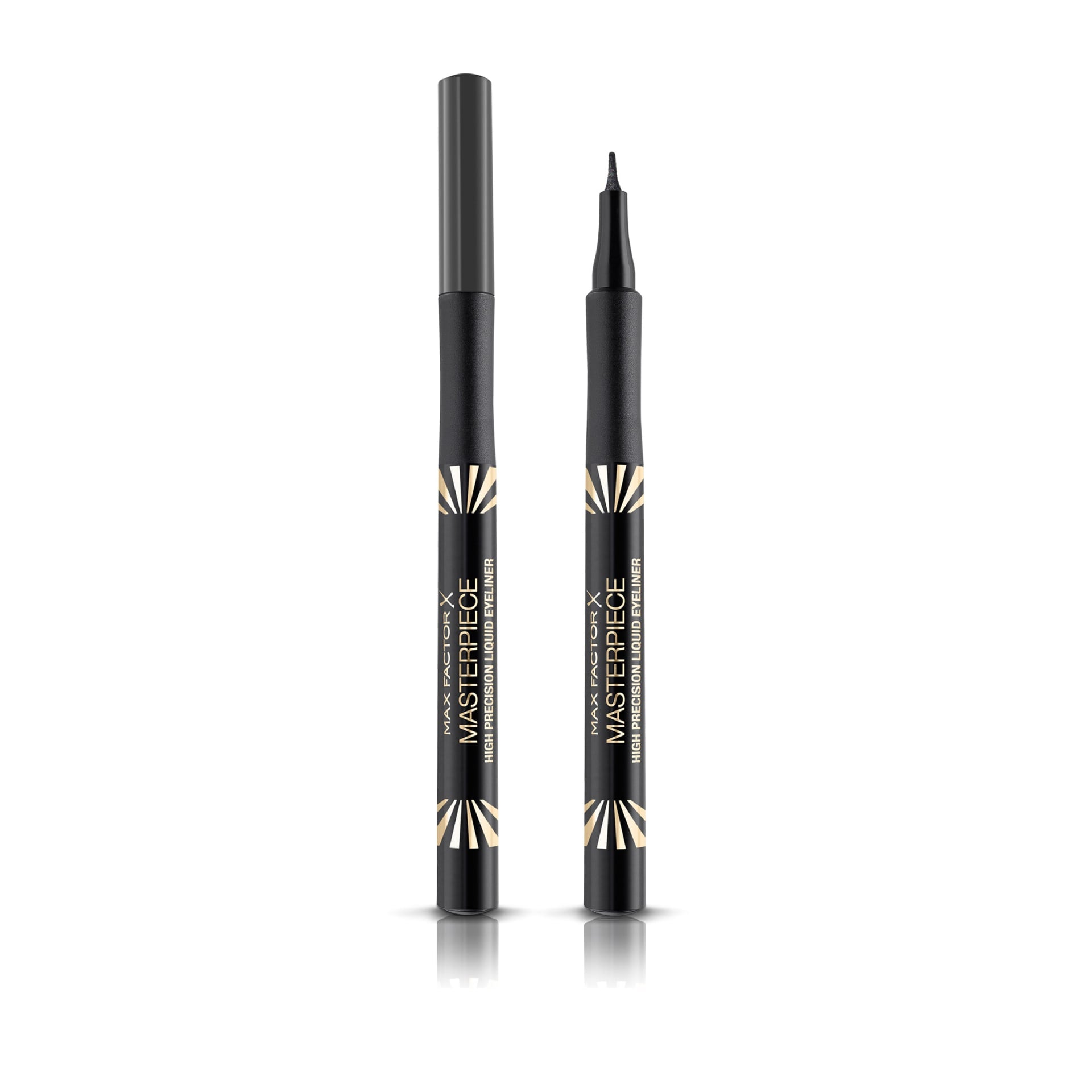 Liquid eyeliner pens, charcoal shade in slim black tubes with pointed tip.